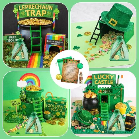 St. Patrick's Day Leprechaun Trap Kit Leprechaun Letter Shamrock Green Gold Coins Printed Hat Footprints Note Mini Lucky Gold Glitter in a Corked Bottle for Irish Trap Gift Toy Party Decor in Saudi Arabia