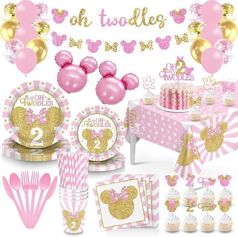 166 Pcs Oh Twodles Birthday Party Supplies Girl, 2nd Birthday Decorations for Girl Paper Plates Napkins Cups Tablecloth Banner for Pink Gold Oh Twodles Birth day Decorations for Girls Serve 16 Guests in Saudi Arabia