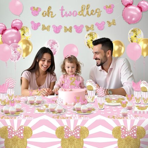 166 Pcs Oh Twodles Birthday Party Supplies Girl, 2nd Birthday Decorations for Girl Paper Plates Napkins Cups Tablecloth Banner for Pink Gold Oh Twodles Birth day Decorations for Girls Serve 16 Guests in Saudi Arabia