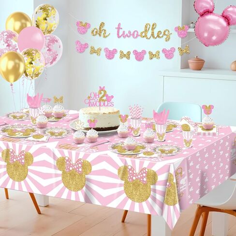 166 Pcs Oh Twodles Birthday Party Supplies Girl, 2nd Birthday Decorations for Girl Paper Plates Napkins Cups Tablecloth Banner for Pink Gold Oh Twodles Birth day Decorations for Girls Serve 16 Guests in Saudi Arabia