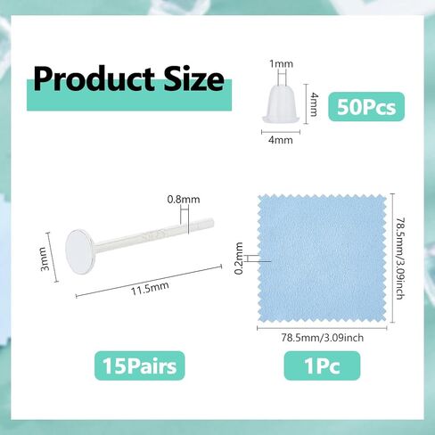 DICOSMETIC 15 Pairs 925 Sterling Silver Earrings Posts Flat Pad Earring Studs 3mm Silver Earring Pads Blanks Earring Pin with 50Pcs Ear Nuts and 1Pc Polishing Cloth for Jewelry Making in Saudi Arabia