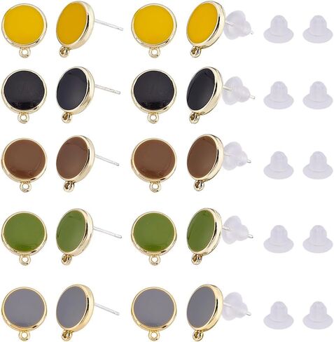 SUPERFINDINGS 24Pcs 6 Colors Alloy Enamel Stud Earrings Post with 0.6mm 925 Sterling Silver Pins and 50Pcs Plastic Ear Nuts Flat Round Earring Post with Loop for Jewelry Making,Hole:1mm in Saudi Arabia