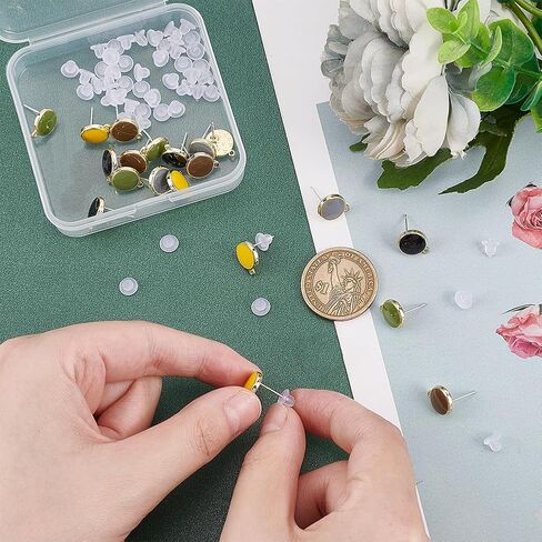 SUPERFINDINGS 24Pcs 6 Colors Alloy Enamel Stud Earrings Post with 0.6mm 925 Sterling Silver Pins and 50Pcs Plastic Ear Nuts Flat Round Earring Post with Loop for Jewelry Making,Hole:1mm in Saudi Arabia