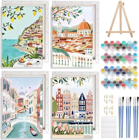 GHHKUD 4 Pack Framed Paint by Numbers City Travel for Adults Kids, DIY Easy Painting by Numbers with Frame Wooden Holder, Painting Art on Canvas Gifts Home Wall Decor 20x30cm in Saudi Arabia
