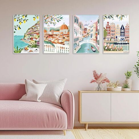 GHHKUD 4 Pack Framed Paint by Numbers City Travel for Adults Kids, DIY Easy Painting by Numbers with Frame Wooden Holder, Painting Art on Canvas Gifts Home Wall Decor 20x30cm in Saudi Arabia