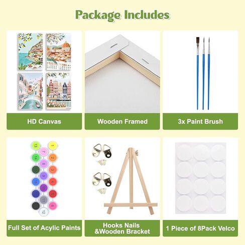 GHHKUD 4 Pack Framed Paint by Numbers City Travel for Adults Kids, DIY Easy Painting by Numbers with Frame Wooden Holder, Painting Art on Canvas Gifts Home Wall Decor 20x30cm in Saudi Arabia