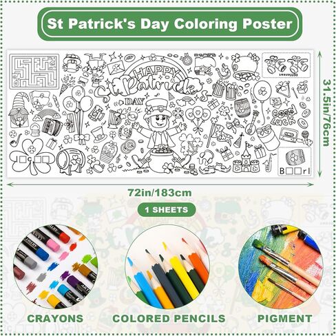 ملصق تلوين عيد القديس باتريك من Meagez، مقاس 30 × 72 بوصة، مفرش طاولة من الورق الجامبو، هدايا للأطفال، ديكورات الحفلات، الحرف اليدوية لعيد القديس باتريك للأطفال in Kuwait