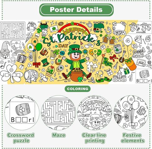 ملصق تلوين عيد القديس باتريك من Meagez، مقاس 30 × 72 بوصة، مفرش طاولة من الورق الجامبو، هدايا للأطفال، ديكورات الحفلات، الحرف اليدوية لعيد القديس باتريك للأطفال in Kuwait