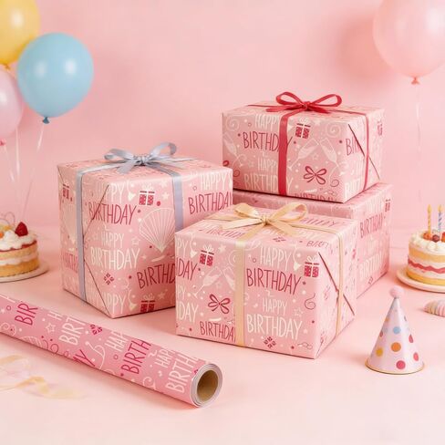 LAJPXKHY Birthday Wrapping Paper Roll, Pink Gift Wrapping Paper for Small & Medium Gifts, 17 Inch x 33 Feet, Birthday Party Gift Wrap in Saudi Arabia