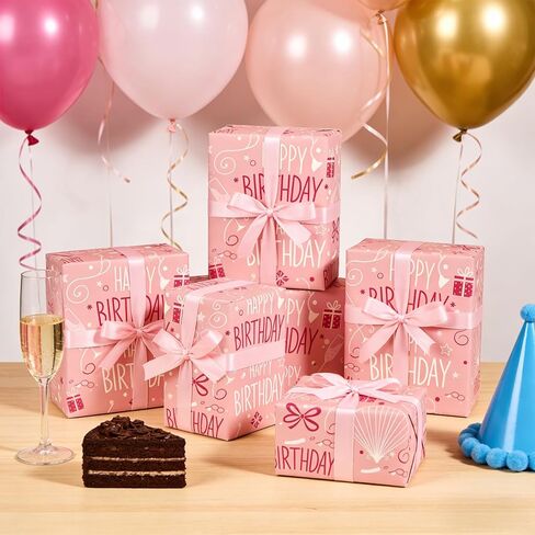 LAJPXKHY Birthday Wrapping Paper Roll, Pink Gift Wrapping Paper for Small & Medium Gifts, 17 Inch x 33 Feet, Birthday Party Gift Wrap in Saudi Arabia