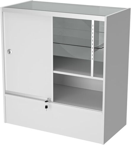 36" W x 18" D x 38" H - White Full View Retail Display Case, Illuminated Glass Display Cabinet with Adjustable Glass Shelves and Storage Space, Suitable for Retail and Collectible Display in Saudi Arabia