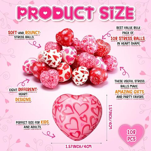 Honoson 108 Pcs Valentines Day Heart Stress Balls Jesus Loves You 1.57 Inch Mini Heart Stress Relief Balls Foam Ball Bulk for Valentine Party Gift Bag Fillers(Cute Style) in Saudi Arabia