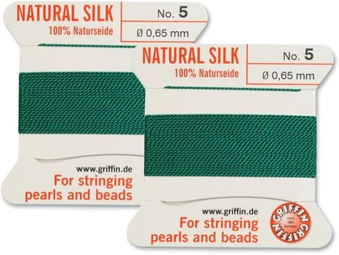 2 Pcs Griffin Natural Silk Beading Cord Thread and Needle Size 5 Green Color in Saudi Arabia