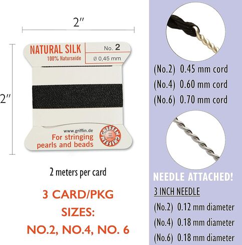 Griffin Silk Bead Cord Perlseide – Black Color – Size Assortment 2, 4,6 – 2 Meters per Card – Stainless Steel Needle Attached – for Knotting Pearls, Gemstones, Crystals and Beads in Saudi Arabia