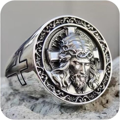 Koguxuix Vintage Silver Christian Catholic Jesus Cross Rings for Men Religious Lords Prayer Signet Band Ring for Baptism Christmas Communion Easter Size 7-13(12) in Saudi Arabia