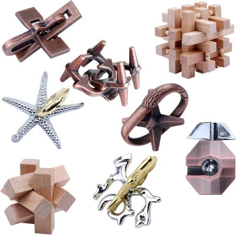 RLYLF 8 Pieces Wooden and Metal Brain Teaser Puzzles for Adults and Kids Family Games Party Favor Coffee Time Unlock Interlock Mind Challenging in Kuwait
