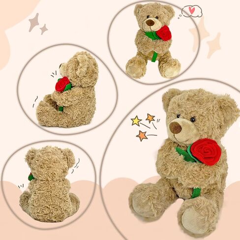 Brown Plush Teddy Bear with Rose 12" Cute Small Teddy Bear Soft Stuffed Animal Plush Doll for Valentines Wedding Anniversary Birthday Gift for Kids Girls Girlfriend Wife Mom in Saudi Arabia