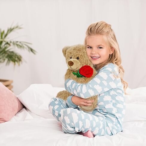 Brown Plush Teddy Bear with Rose 12" Cute Small Teddy Bear Soft Stuffed Animal Plush Doll for Valentines Wedding Anniversary Birthday Gift for Kids Girls Girlfriend Wife Mom in Saudi Arabia