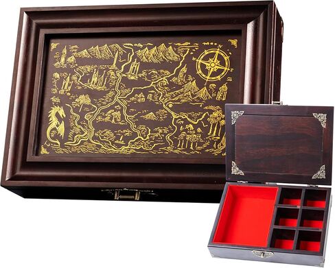 صينية النرد العتيقة وصندوق التدحرج لـ DND - قبو تخزين على الطراز العتيق مع فواصل قابلة للتعديل للنرد والرموز الصغيرة والرموز - ملحق منضدية آر بي جي من الصنوبر الصلب لـ D&D (تصميم الخريطة القديمة) in Kuwait