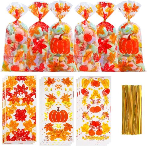 أكياس علاج السيلوفان الخريفية من DIYASY، 120 قطعة من أكياس حلوى اليقطين بأوراق القيقب الخريفية مع أربطة ملتوية من أجل هدايا حفلات عيد الشكر وتغليف هدايا العطلات in Kuwait