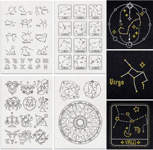 51Pcs Zodiac Star Water Soluble Hand Sewing Stabilizers, 8.3"x11.7" Constellation Embroidery Pattern Stabilizer, 4 Sheets Zodiac Stick and Stitch Embroidery Paper Sticker in Saudi Arabia