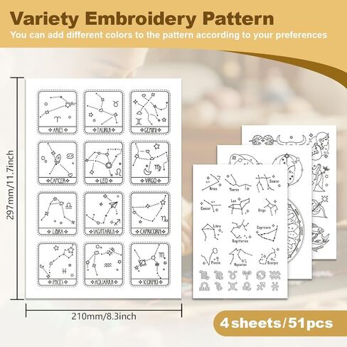 51Pcs Zodiac Star Water Soluble Hand Sewing Stabilizers, 8.3"x11.7" Constellation Embroidery Pattern Stabilizer, 4 Sheets Zodiac Stick and Stitch Embroidery Paper Sticker in Saudi Arabia