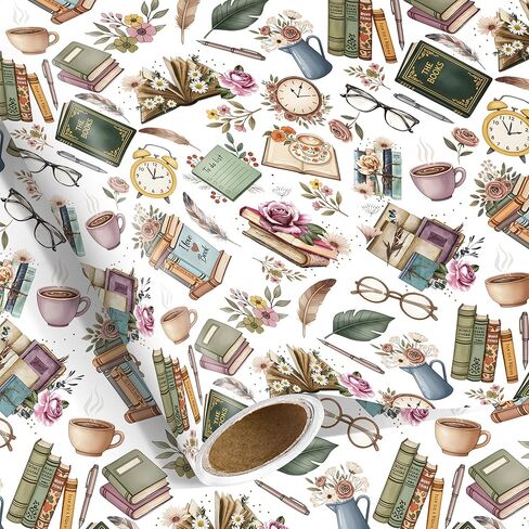 لفة ورق تغليف محبي الكتب من Pineraap، مقاس 17 × 16.4 قدم - لفة صغيرة - غلاف هدايا للكتب ذات الألوان المائية العتيقة لمحبي الكتب، وعشاق الكتب، وأمناء المكتبات، ونوادي الكتب، ودودة الكتب in Kuwait