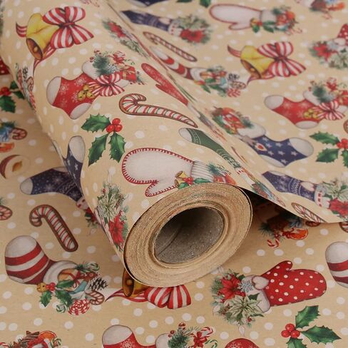Aimyoo Kraft Christmas Wrapping Paper Jumbo Roll, Christmas Stockings Candy Canes Gloves Designs, Kids Xmas Gift Wrap Paper 17 in x 32 ft in Saudi Arabia