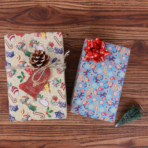 Aimyoo Kraft Christmas Wrapping Paper Jumbo Roll, Christmas Stockings Candy Canes Gloves Designs, Kids Xmas Gift Wrap Paper 17 in x 32 ft in Saudi Arabia