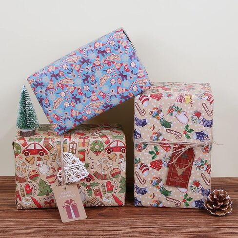 Aimyoo Kraft Christmas Wrapping Paper Jumbo Roll, Christmas Stockings Candy Canes Gloves Designs, Kids Xmas Gift Wrap Paper 17 in x 32 ft in Saudi Arabia