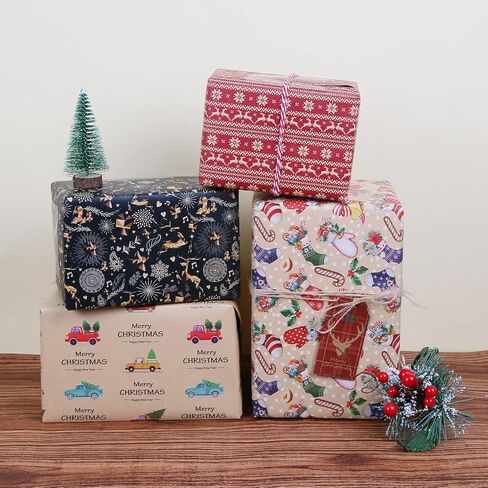 Aimyoo Kraft Christmas Wrapping Paper Jumbo Roll, Christmas Stockings Candy Canes Gloves Designs, Kids Xmas Gift Wrap Paper 17 in x 32 ft in Saudi Arabia