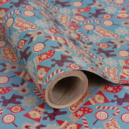 Aimyoo Kraft Christmas Wrapping Paper Jumbo Roll, Christmas Stockings Candy Canes Gloves Designs, Kids Xmas Gift Wrap Paper 17 in x 32 ft in Saudi Arabia
