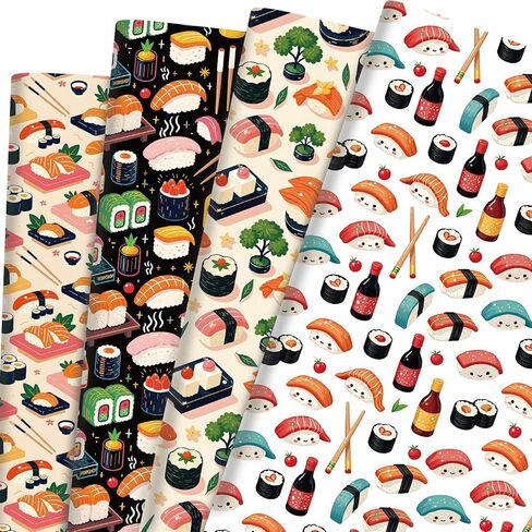 Liobelon Sushi Wrapping Paper - 12 Sheets Japanese Food and Kawaii Sushi Faces Anime Gift Wrap for Sushi Lovers, Kids & Adults Birthday, Japanese Theme Parties, Wedding, 19.7 x 27.6 Inches in Saudi Arabia