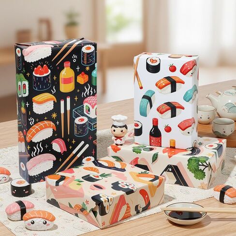 Liobelon Sushi Wrapping Paper - 12 Sheets Japanese Food and Kawaii Sushi Faces Anime Gift Wrap for Sushi Lovers, Kids & Adults Birthday, Japanese Theme Parties, Wedding, 19.7 x 27.6 Inches in Saudi Arabia