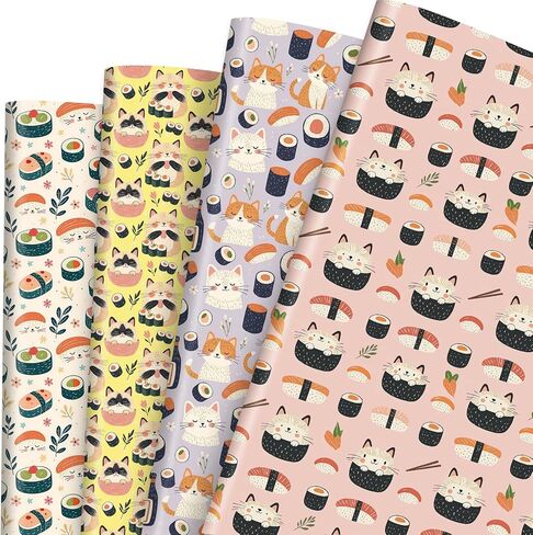 Liobelon Sushi Wrapping Paper - 12 Sheets Japanese Food and Kawaii Sushi Faces Anime Gift Wrap for Sushi Lovers, Kids & Adults Birthday, Japanese Theme Parties, Wedding, 19.7 x 27.6 Inches in Saudi Arabia