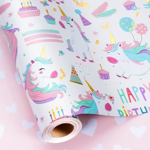 MAYPLUSS Unicorn Wrapping Paper for Girl, 17 Inch x 33 Feet Birthday Gift Wrap Featuring Gold Corn Reversible Heart for Princess Kids Baby Shower in Saudi Arabia