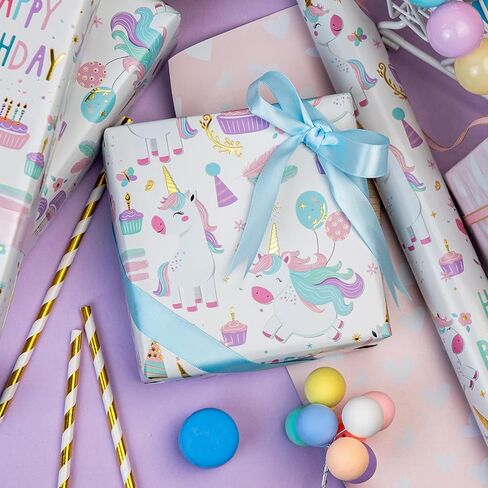 MAYPLUSS Unicorn Wrapping Paper for Girl, 17 Inch x 33 Feet Birthday Gift Wrap Featuring Gold Corn Reversible Heart for Princess Kids Baby Shower in Saudi Arabia