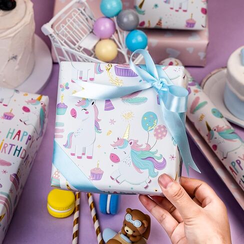 MAYPLUSS Unicorn Wrapping Paper for Girl, 17 Inch x 33 Feet Birthday Gift Wrap Featuring Gold Corn Reversible Heart for Princess Kids Baby Shower in Saudi Arabia