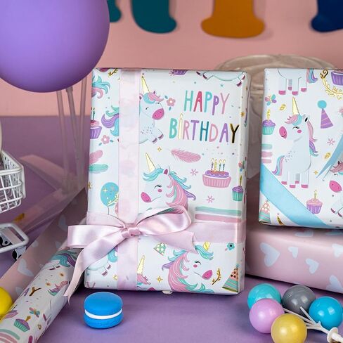 MAYPLUSS Unicorn Wrapping Paper for Girl, 17 Inch x 33 Feet Birthday Gift Wrap Featuring Gold Corn Reversible Heart for Princess Kids Baby Shower in Saudi Arabia