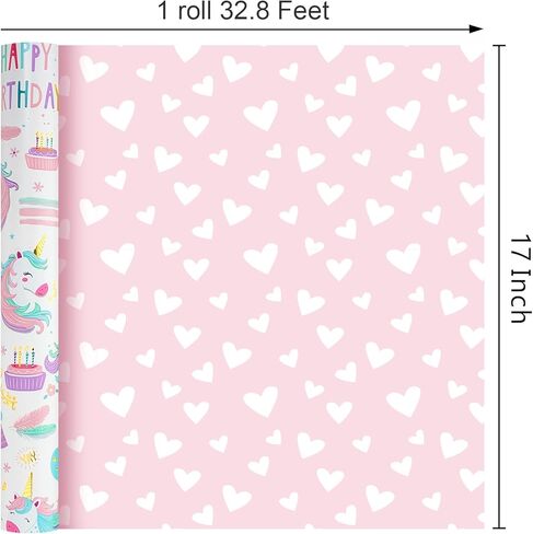 MAYPLUSS Unicorn Wrapping Paper for Girl, 17 Inch x 33 Feet Birthday Gift Wrap Featuring Gold Corn Reversible Heart for Princess Kids Baby Shower in Saudi Arabia