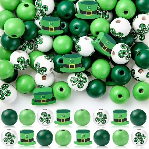 160 Pieces St. Patrick's Day Wood Beads DIY Natural Green Polished Wood Spacer Bead Farmhouse Wooden Round Beads with Four leaf Clover Pattern for Patrick Day Home Party Decoration Crafts Making Decor in Saudi Arabia