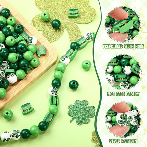 160 Pieces St. Patrick's Day Wood Beads DIY Natural Green Polished Wood Spacer Bead Farmhouse Wooden Round Beads with Four leaf Clover Pattern for Patrick Day Home Party Decoration Crafts Making Decor in Saudi Arabia