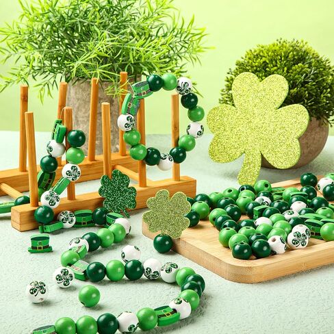 160 Pieces St. Patrick's Day Wood Beads DIY Natural Green Polished Wood Spacer Bead Farmhouse Wooden Round Beads with Four leaf Clover Pattern for Patrick Day Home Party Decoration Crafts Making Decor in Saudi Arabia