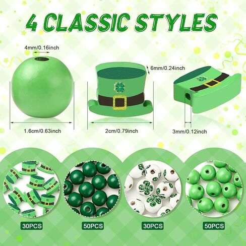 160 Pieces St. Patrick's Day Wood Beads DIY Natural Green Polished Wood Spacer Bead Farmhouse Wooden Round Beads with Four leaf Clover Pattern for Patrick Day Home Party Decoration Crafts Making Decor in Saudi Arabia