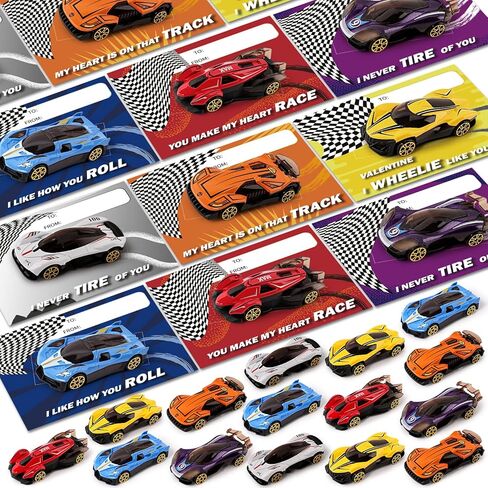 24 Pack Valentines Day Cards for Kids School Classroom, Metal Die-Cast Racing Cars with Valentines Day Cards, Valentines' Day Gifts for Kid, Valentines' Party Favors for Boys Girls in Saudi Arabia