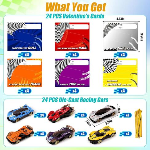 24 Pack Valentines Day Cards for Kids School Classroom, Metal Die-Cast Racing Cars with Valentines Day Cards, Valentines' Day Gifts for Kid, Valentines' Party Favors for Boys Girls in Saudi Arabia