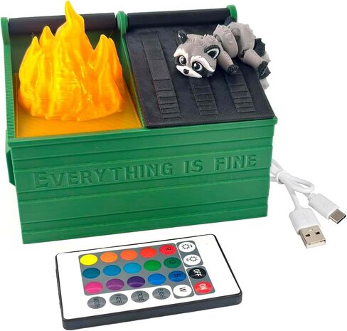 MunnyGrubbers - Dumpster Fire Desk Pencil Holder With USB Rechargeable Multicolor LED Flame & Fidget Racoon - Desk Accessories - Cute Decor - Funny Gifts for Coworker - (DFPH-USB-Green) in Saudi Arabia