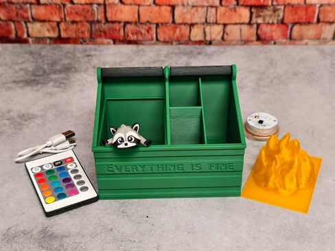 MunnyGrubbers - Dumpster Fire Desk Pencil Holder With USB Rechargeable Multicolor LED Flame & Fidget Racoon - Desk Accessories - Cute Decor - Funny Gifts for Coworker - (DFPH-USB-Green) in Saudi Arabia