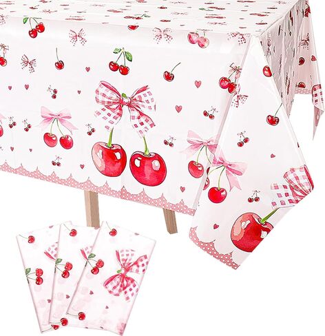 3 Pcs Cherry Birthday Decorations Tablecloths, Large Size Cherry and Bows Birthday Decorations Table Cloth Disposable Table Cover for Cherry Themed Party Baby Shower Favosr, 86.6 x 51.2 Inch in Saudi Arabia