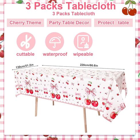 3 Pcs Cherry Birthday Decorations Tablecloths, Large Size Cherry and Bows Birthday Decorations Table Cloth Disposable Table Cover for Cherry Themed Party Baby Shower Favosr, 86.6 x 51.2 Inch in Saudi Arabia